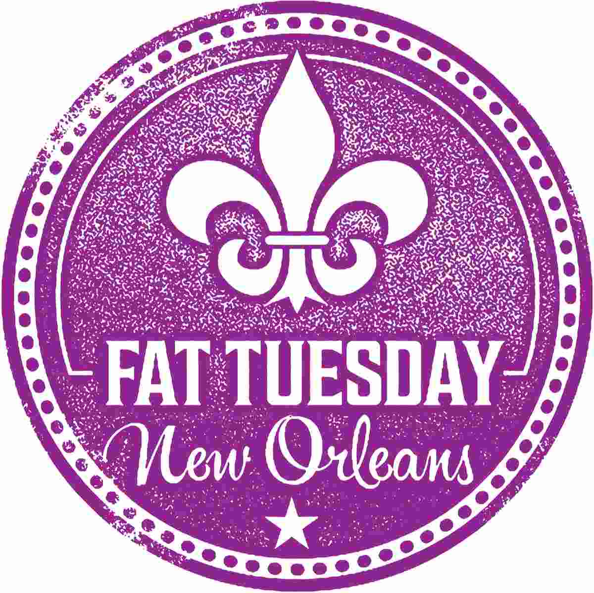 A purple Mardi Gras stamp that has a fleur de lis on it and reads "Fat Tuesday New Orleans".