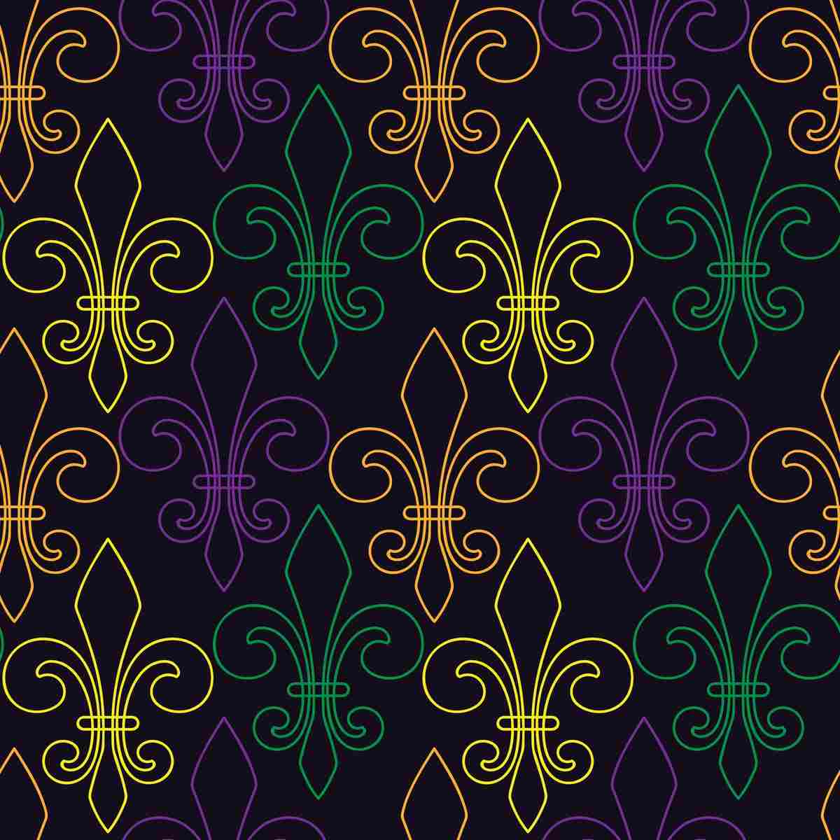 Fleur de lis pattern Green, gold and purple images of the fleur de lis repeating across a black background for Mardi Gras.