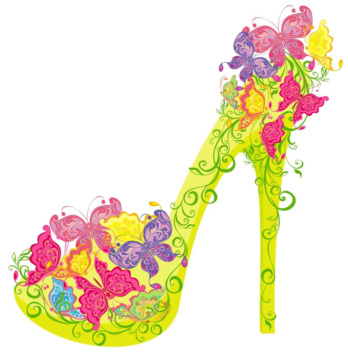 High heel shoe illustration An elaborately decorated illustration of one of the Muses shoes handed out at Mardi Gras as signature throw - this particular shoe is lime green with butterflies on the heel and toe.