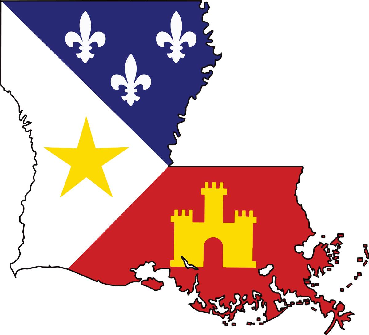 Louisiana shape with Lafayette flag over it An outline of the state of Louisiana with the flag of Lafayette across it.