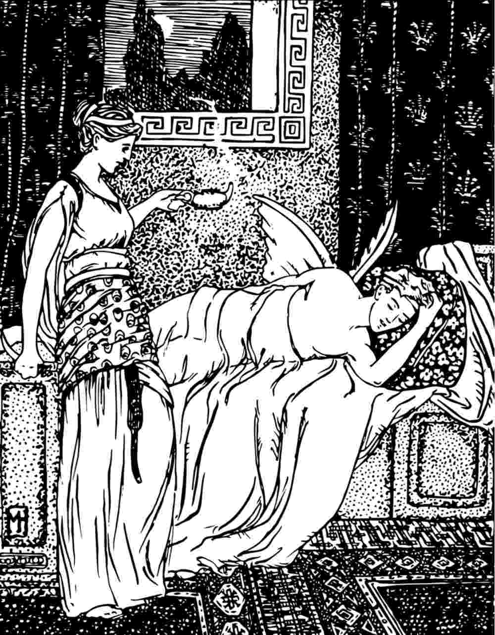 Psyche and Cupid story illustration An illustration in black and white of the Psyche and Cupid story where she brings the oil lamp in to their room to see his face.