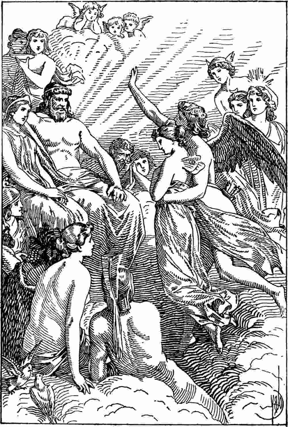 Drawing of Greek gods and goddesses A drawing of the marriage ceremony of Psyche and Cupid, at the ending of the story of Cupid and Psyche where they are surrounded by all the gods.