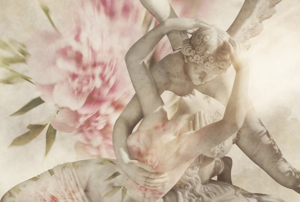 Statue of Psyche and Cupid with flower overlay A statue of the story of Psyche and Cupid with a pink flowery overlay on the image.