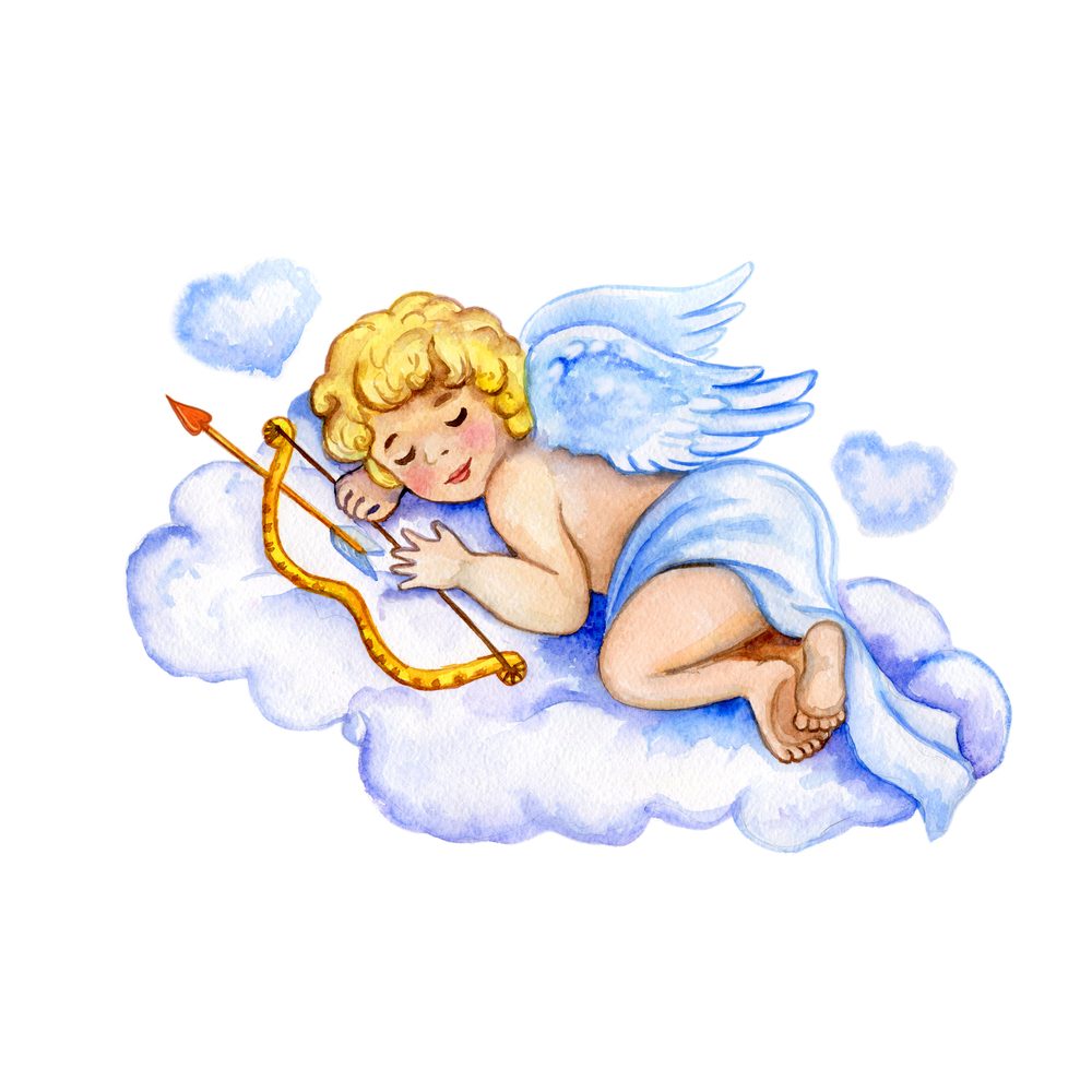 Sleeping Cupid A cute sleeping Cupid, snuggled up on a cloud, holding his bow and arrow.