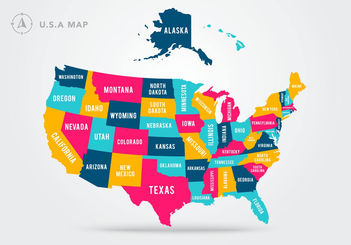 Map of United States A map of all 50 of the United States, in the colors yellow, pink, dark blue, and light blue, with each state name written on the states in white.