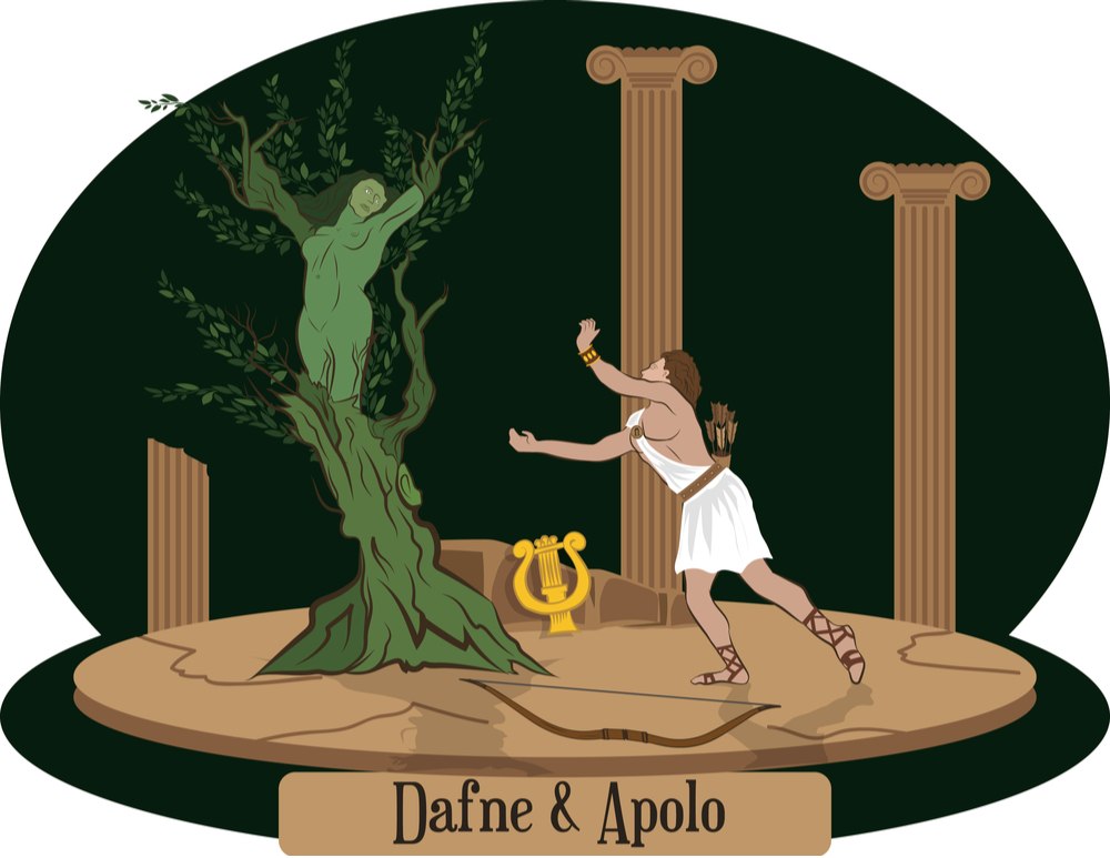 Daphne and Apollo story cartoon An illustration of the story of Daphne and Apollo where Apollo is chasing Daphne and she turns into a Laurel tree.