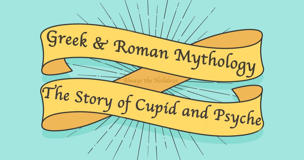 Banner with text overlay about Greek mythology A yellow banner with the text "Greek and Roman mythology the story of Cupid and Psyche".