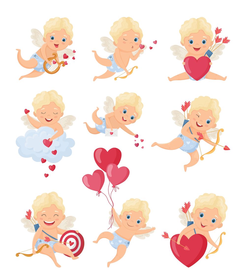 Nine smiling Cupids Nine cartoon Valentine's Day Cupid images, each one doing something different, like holding heart shaped balloons, shooting arrows, playing a lyre, spreading love and smiling.