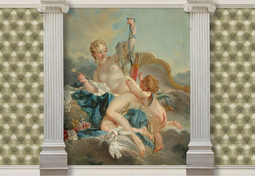 Venus and Cupid A painting of Venus and Cupid where Venus is nude, holding Cupids arrows away from him as he reaches up to grab them.