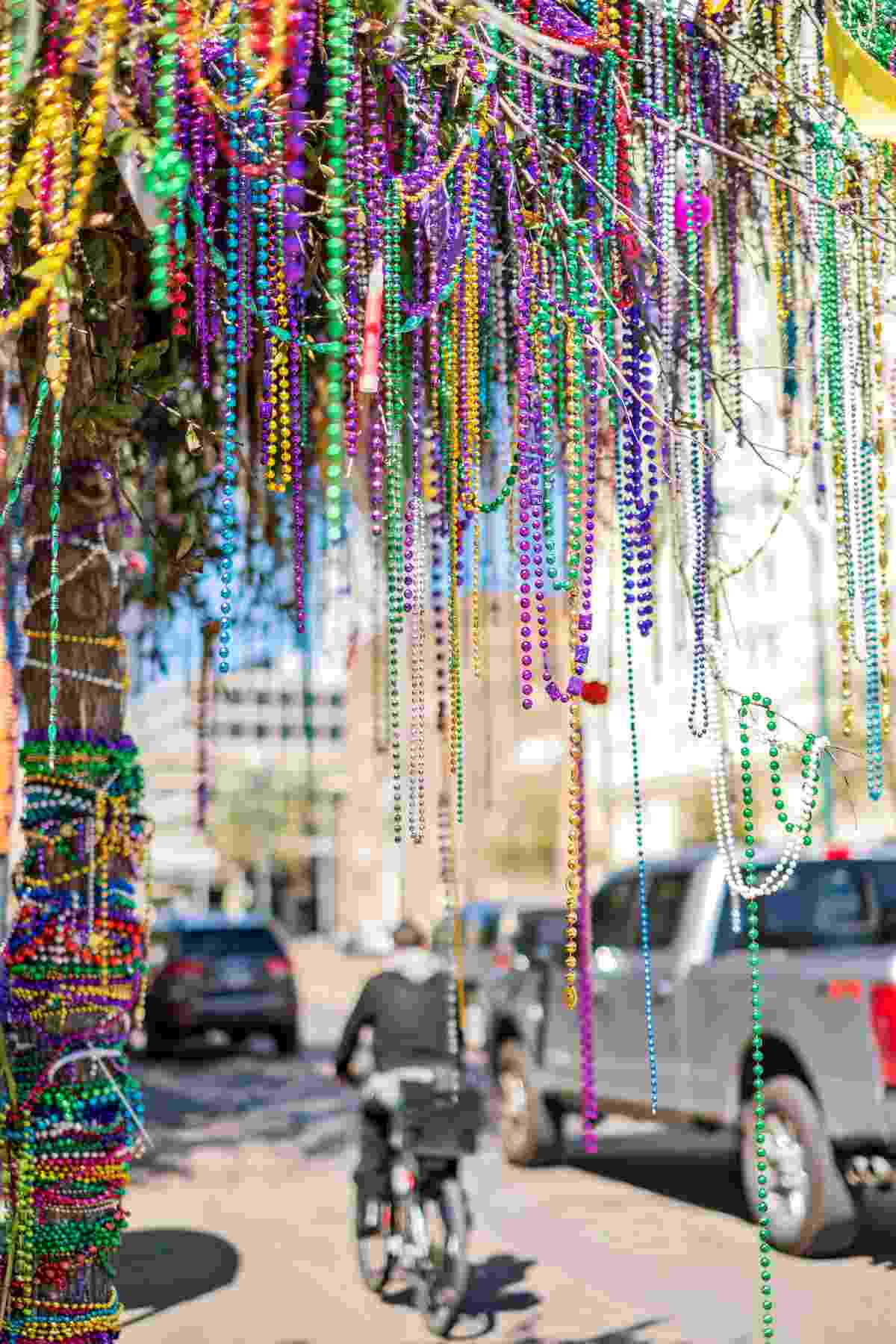 A tree after Mardi Gras completely covered in plastic Mardi Gras beads.