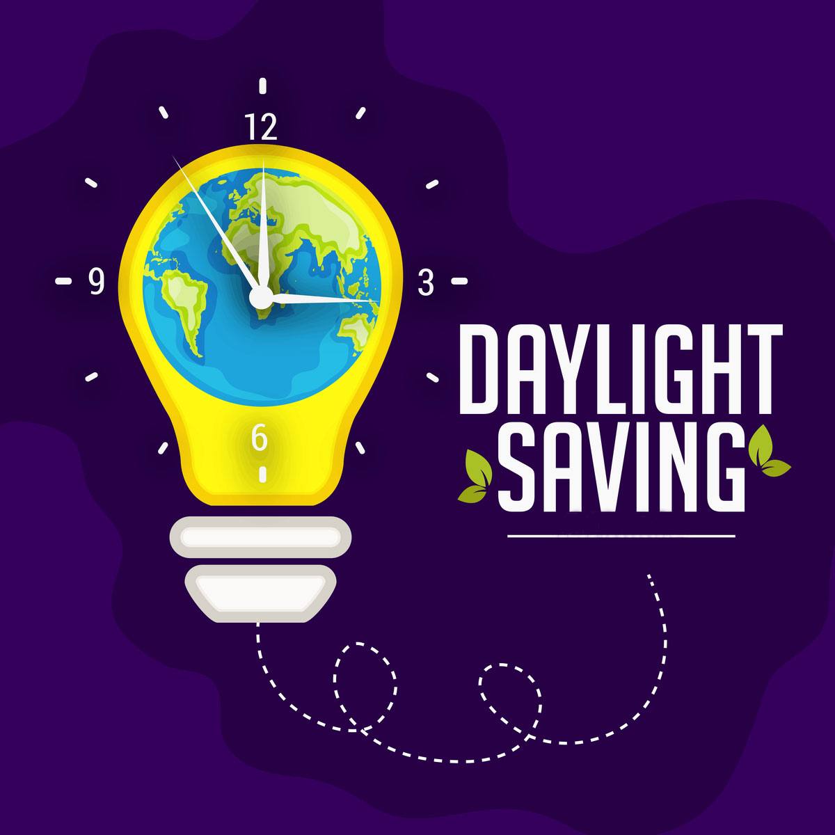 Daylight saving graphic with lightbulb A yellow lightbulb with an image of the earth as a clock inside it, on a purple background, with the words "daylight saving" to the right of it.