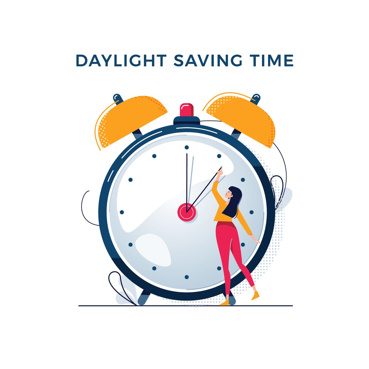 Cartoon woman changing clock for DST A cartoon woman changing the time on a larger than life alarm clock, to advertise changing the clock for daylight saving time.