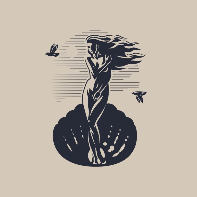 An illustration of Aphrodite, the goddess of fertility, and her symbols, specifically seashells and doves.