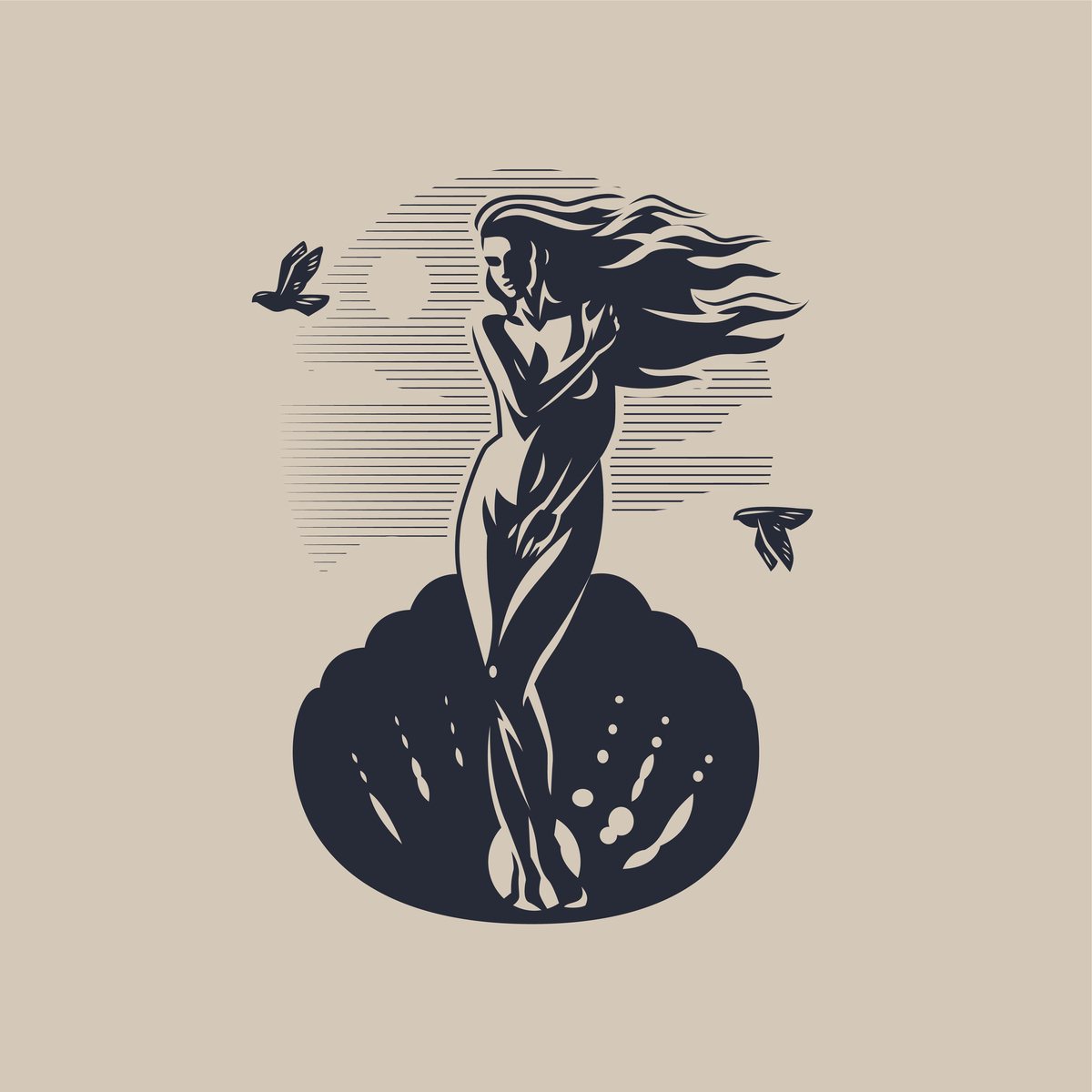 Aphrodite illustration in navy An illustration of Aphrodite, the goddess of fertility, and her symbols, specifically seashells and doves.