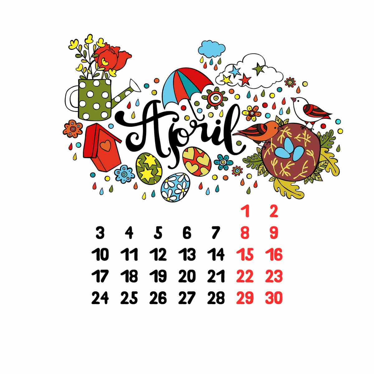 April calendar April calendar with flowers and Easter Eggs.
