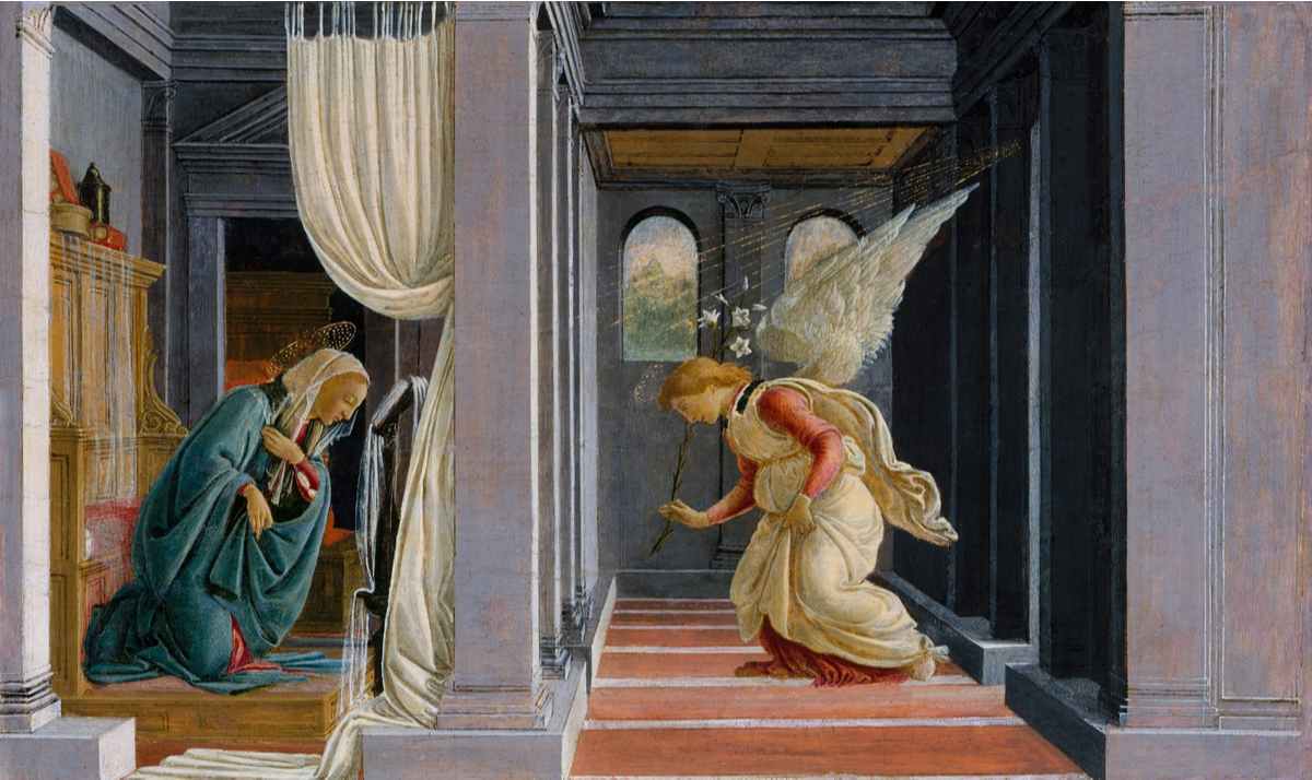 Artistic representation of Easter lily symbolism in the art piece called the Annunciation, where the Angel Gabriel gives the Virgin Mary a white Easter lily, and tells her she will give birth to Jesus Christ, the son of God.