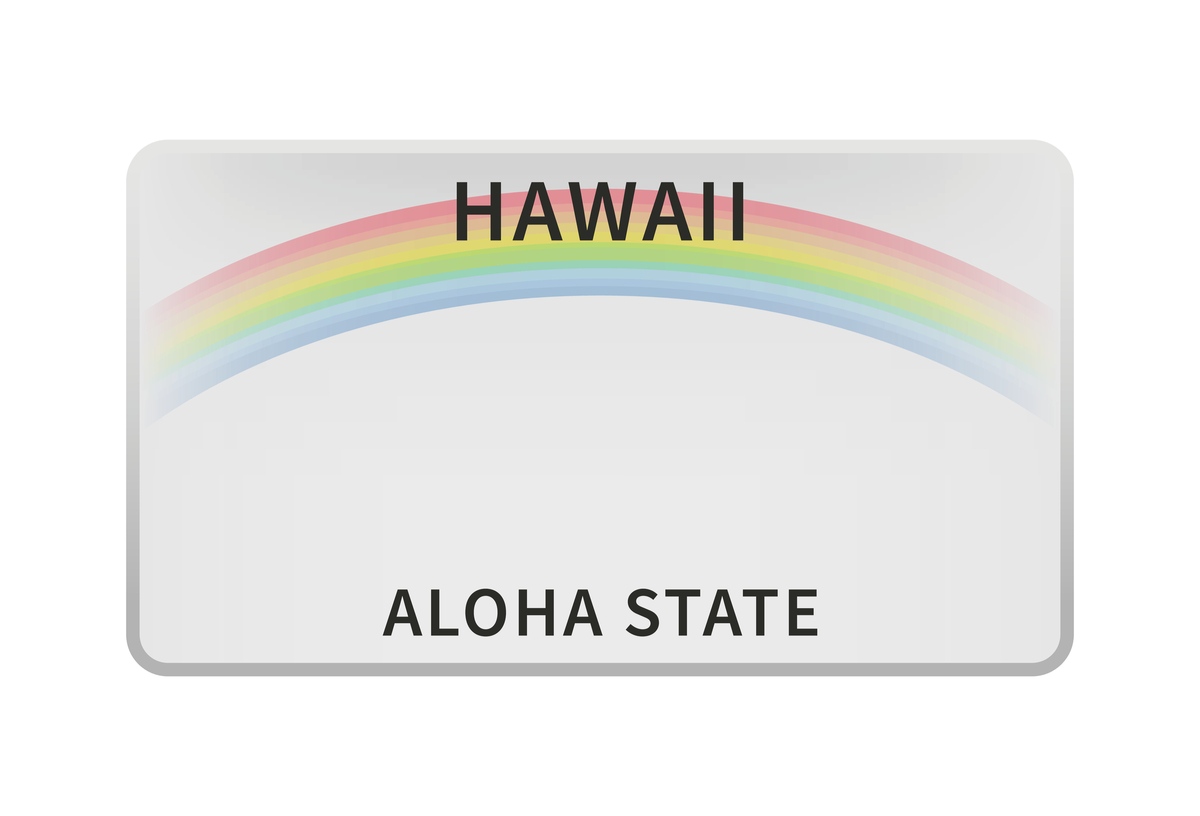 Hawaii license plate A Hawaii license plate with the words "Aloha State" at the bottom, and the image of a rainbow across the center of the license plate.