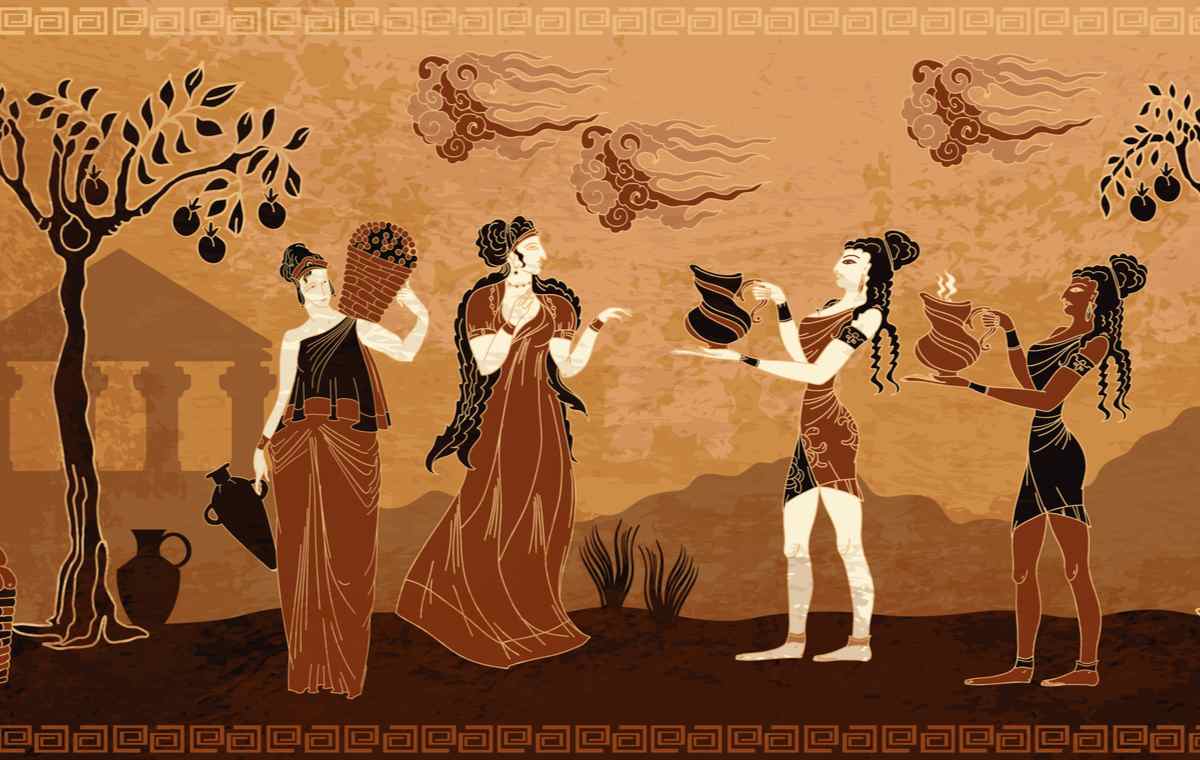 Ancient Greek art of women carrying jugs and baskets Four fertility goddesses depicted in an ancient piece of mythological art all in neutral tones, where some of the goddesses are holding jugs.