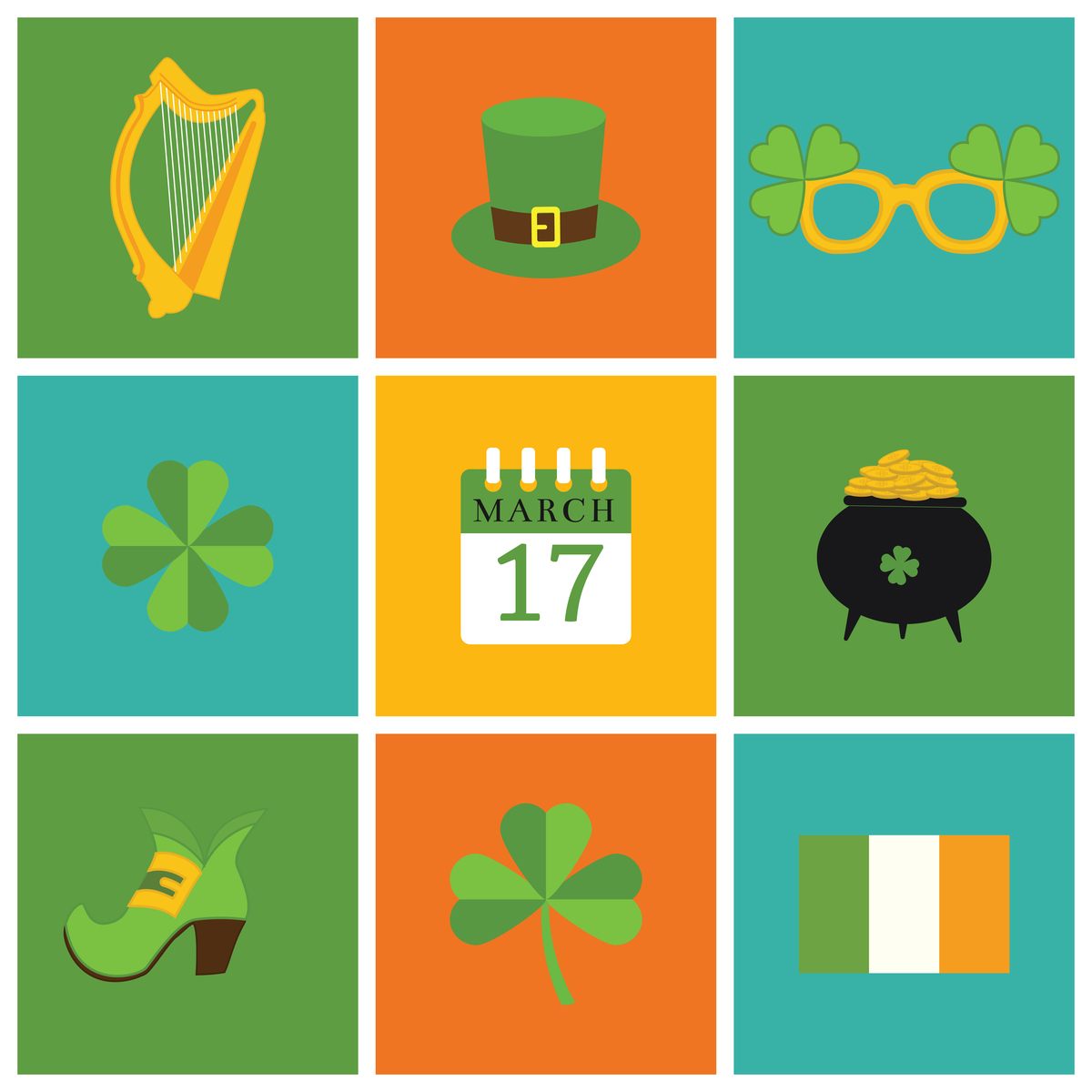 St. Patrick's Day symbols grid A grid of nine squares each with a different symbol of St. Patrick's Day, including a harp, a leprechaun hat, shamrock glasses, a four leaf clover, a calendar flipped to March 17, a pot of gold, a leprechaun shoe, a shamrock and the flag of Ireland.