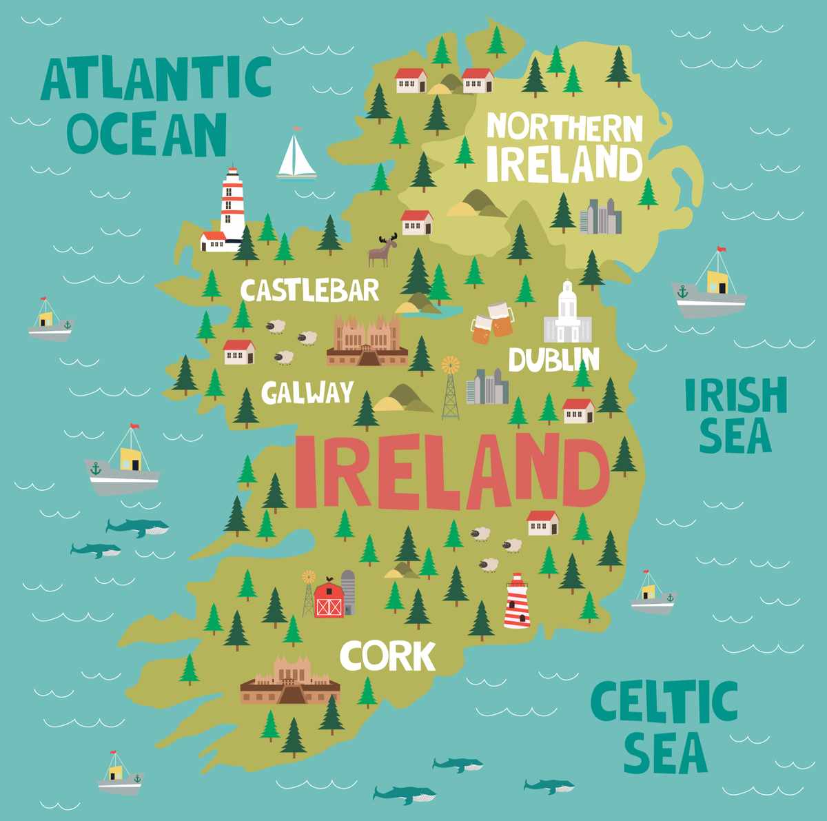 A cartoon map of Ireland, with trees, the word Ireland, churches, and other items that are symbolic of Ireland.