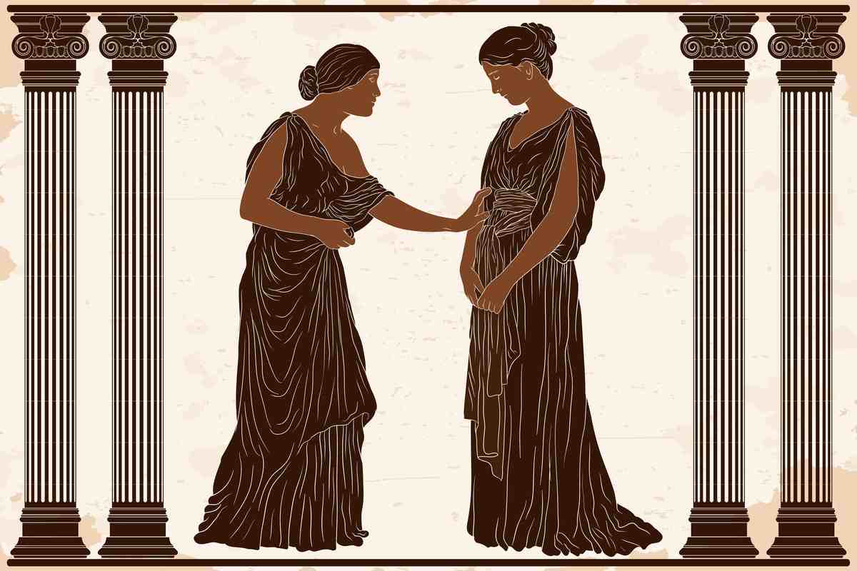 Art of two ancient Greek women Two women in a neutral tones, one of them is placing her hand on the other woman's belly, because she is a fertility goddess.