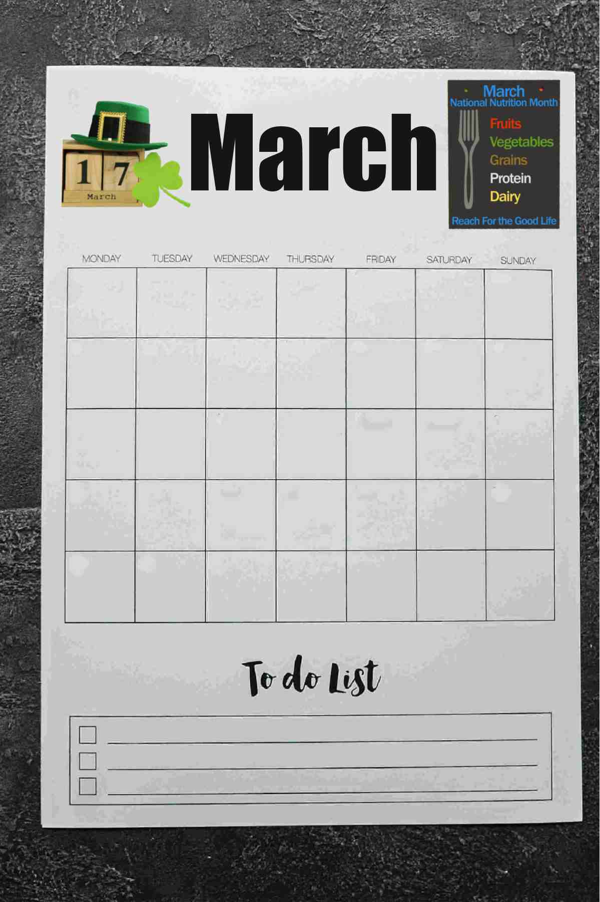 Calendar Planner with St Patricks Day, Nutrition and words March to do list.