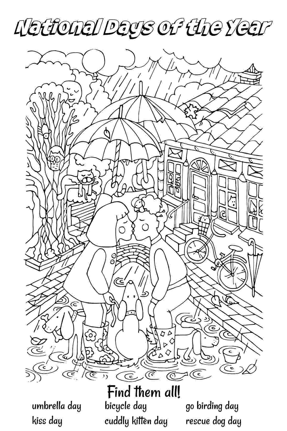 Kid's coloring sheet with national days to find.