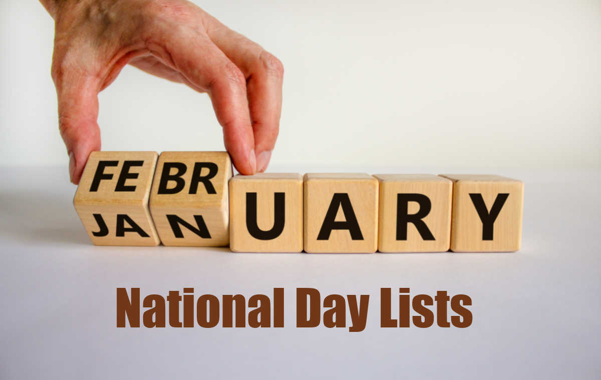 Get the national day lists! Hand with calendar blocks and words National Day Lists.