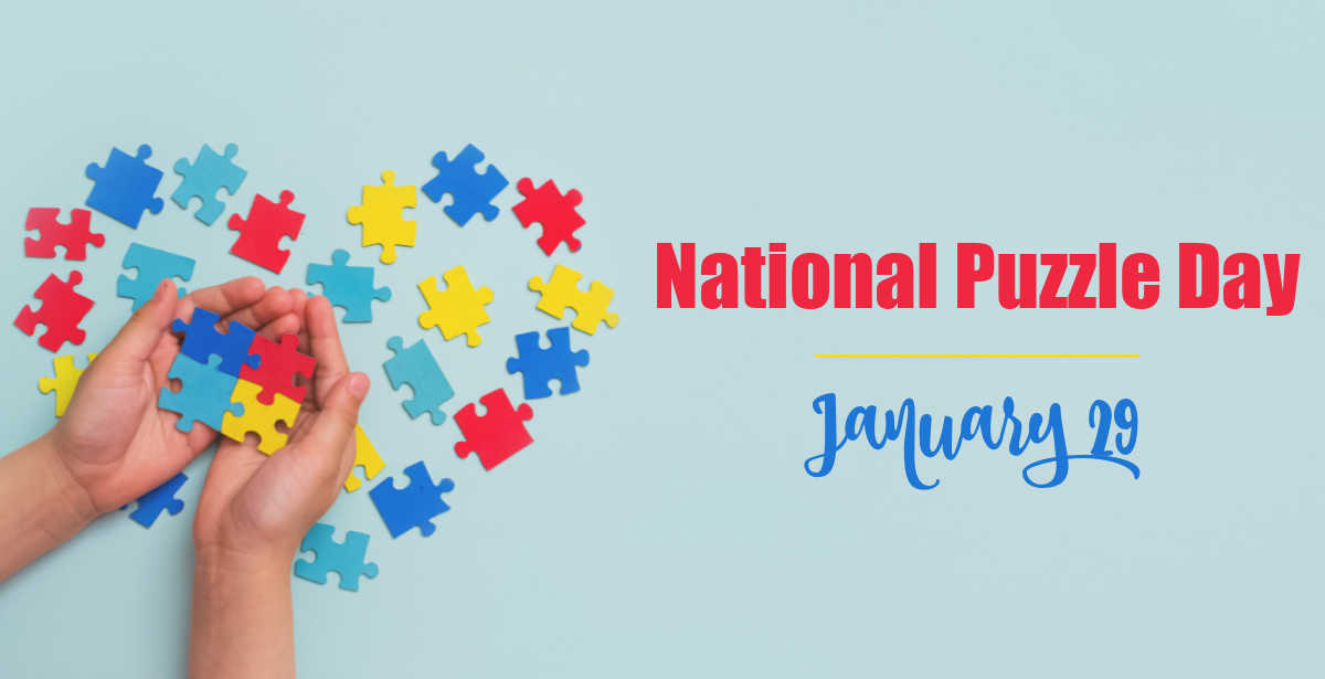 National puzzle day Hands holding jigsaw puzzle pieces with words National Puzzle Day - January 29.