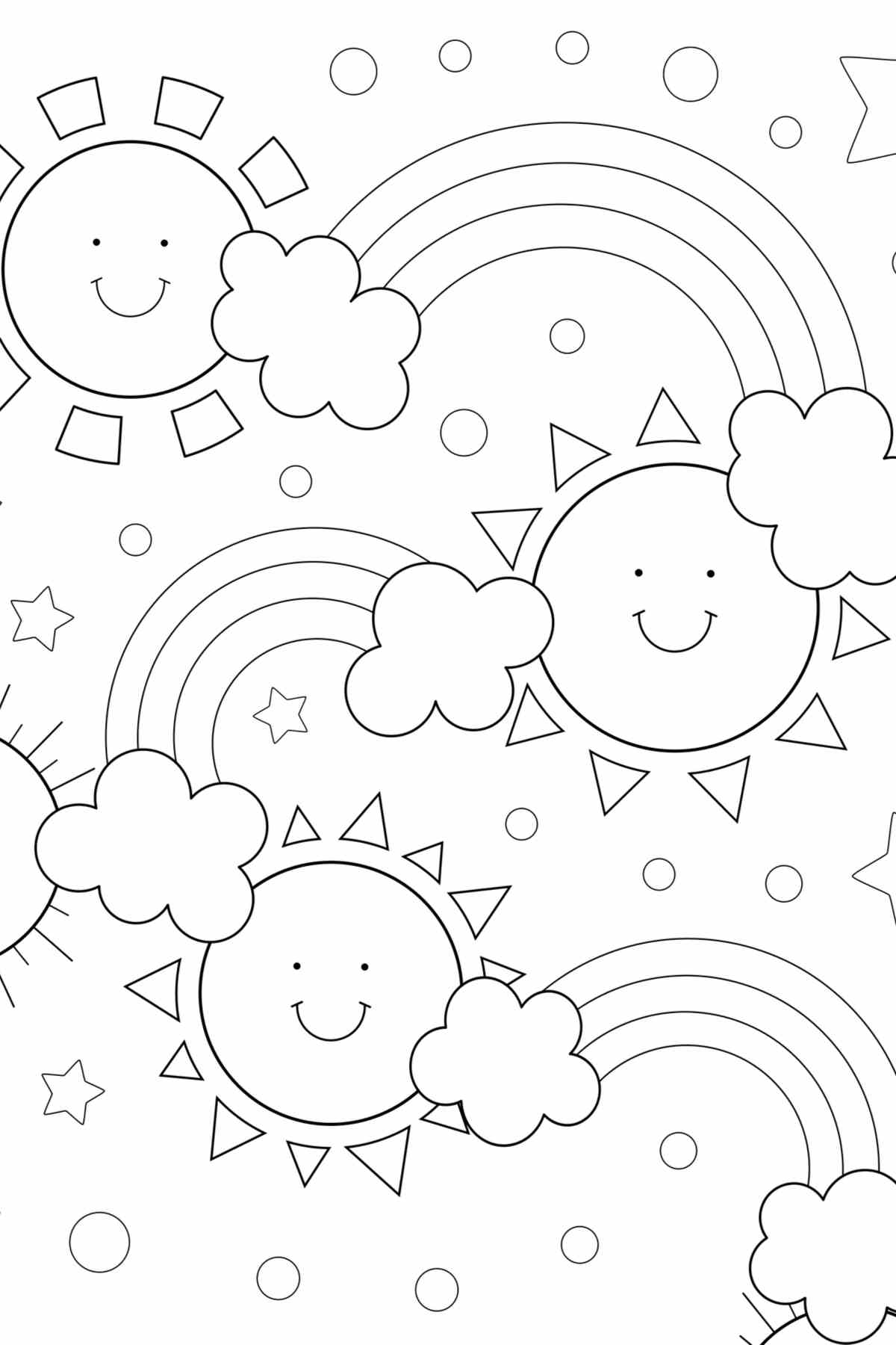 A rainbow coloring page with three rainbows, three smiling suns, six clouds and stars all around them.