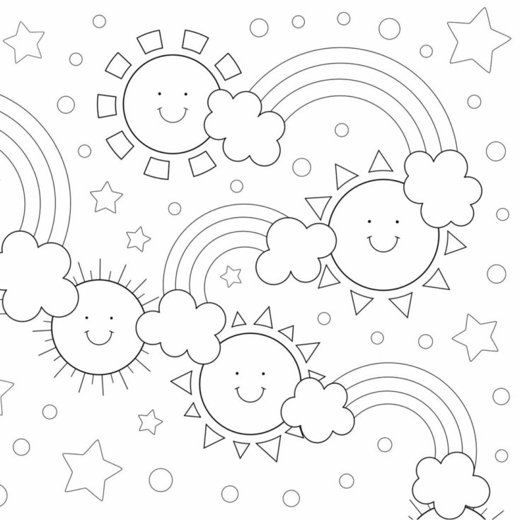A rainbow coloring sheet with four rainbows, four suns, and six clouds, with little stars all around them.