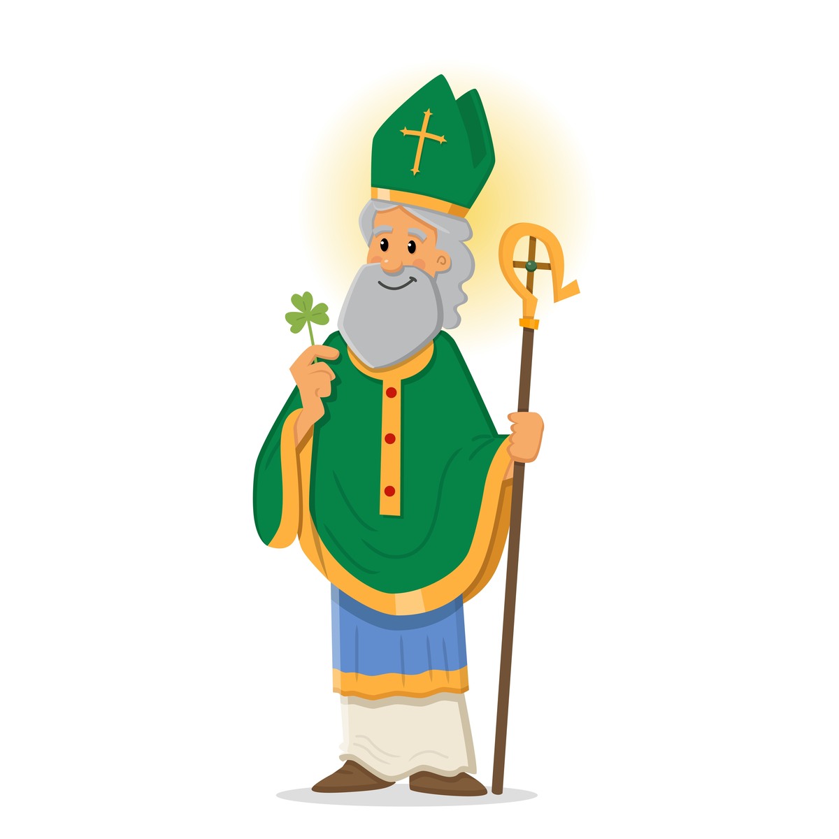 Cartoon image of Saint Patrick A cartoon image of St. Patrick holding a shamrock, dressed in green.