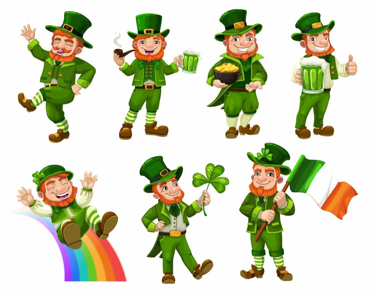 Seven leprechauns Seven different St. Patrick's Day leprechauns doing various things like holding a flag of Ireland, sliding down a rainbow and holding a shamrock.