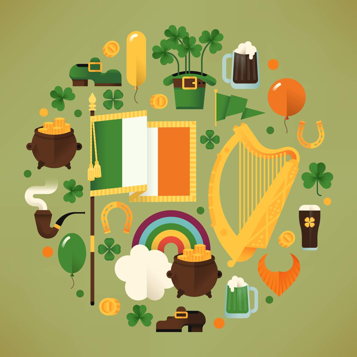 St. Patrick's Day symbols A light green background with various St. Patrick's Day symbols on it, like the harp which is the symbol of Ireland, the flag of Ireland, a pint of Guinness, a pot of gold, a pipe and more items that symbolize St. Patrick's Day.