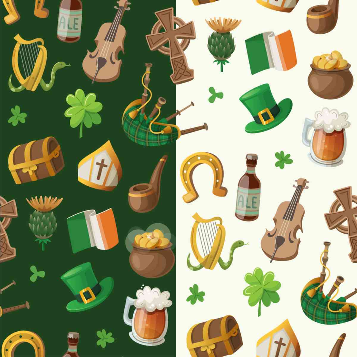 St. Patrick's Day symbols A background that is green on the left half of the image, and white on the right half of the image with various St. Patrick's Day symbols on it, like the harp, a four leaf clover, a pint of beer, a leprechaun hat, and more.