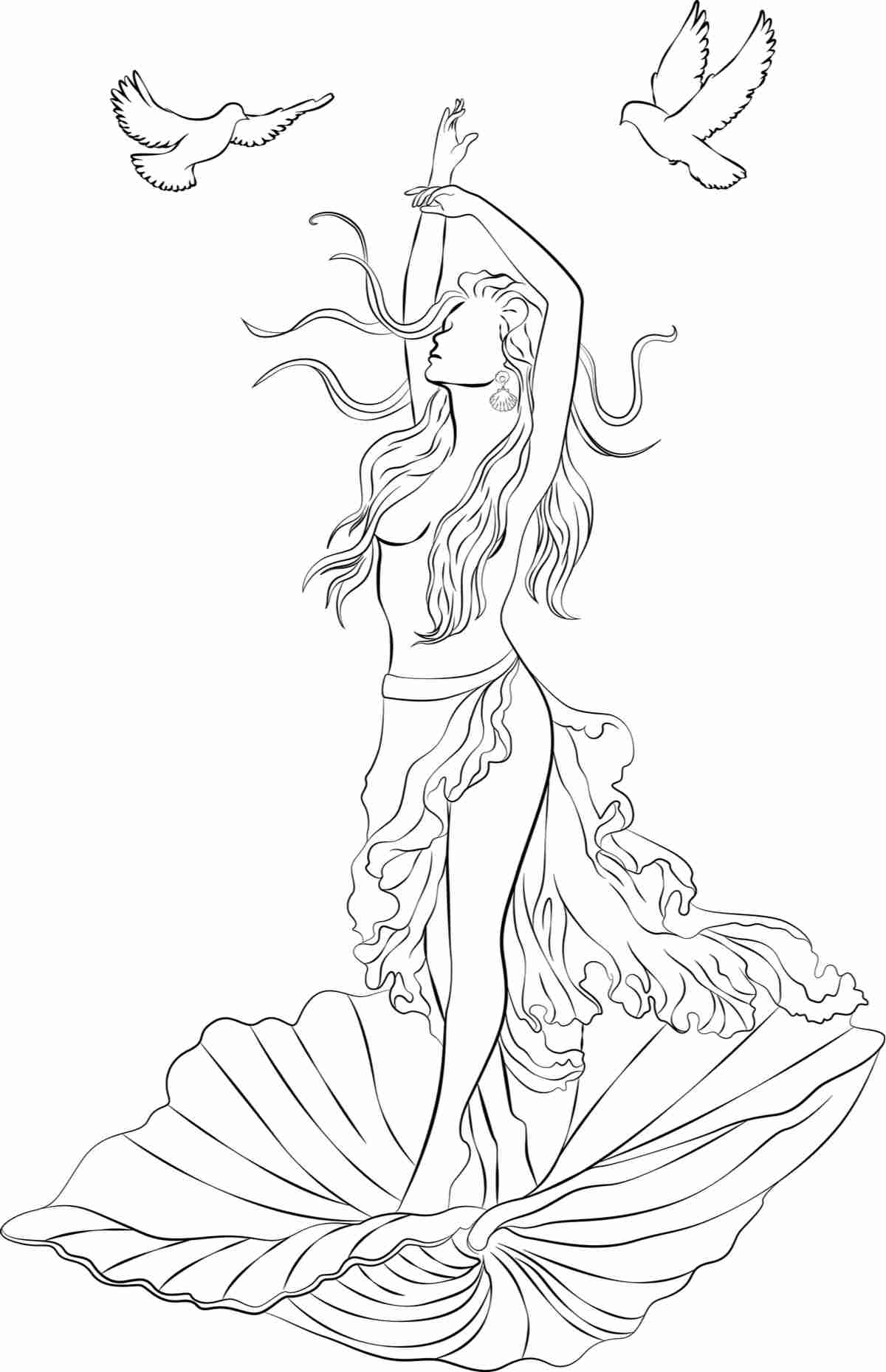 Aphrodite illustration with doves An illustration of Aphrodite, the goddess of fertility and her symbols (specifically doves and seashells) on a white background.