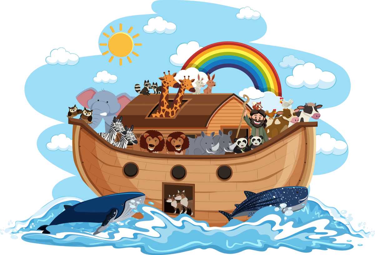 Noah's Ark with rainbow A cartoon image of Noah's Ark with a rainbow in the sky, showing rainbow symbolism in the bible.