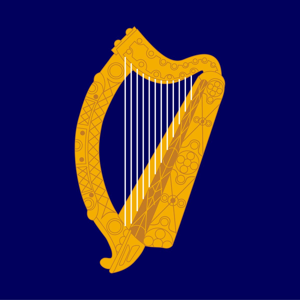 Irish coat of arms The coat of arms of Ireland, which has the Trinity harp in gold against an azure blue background.
