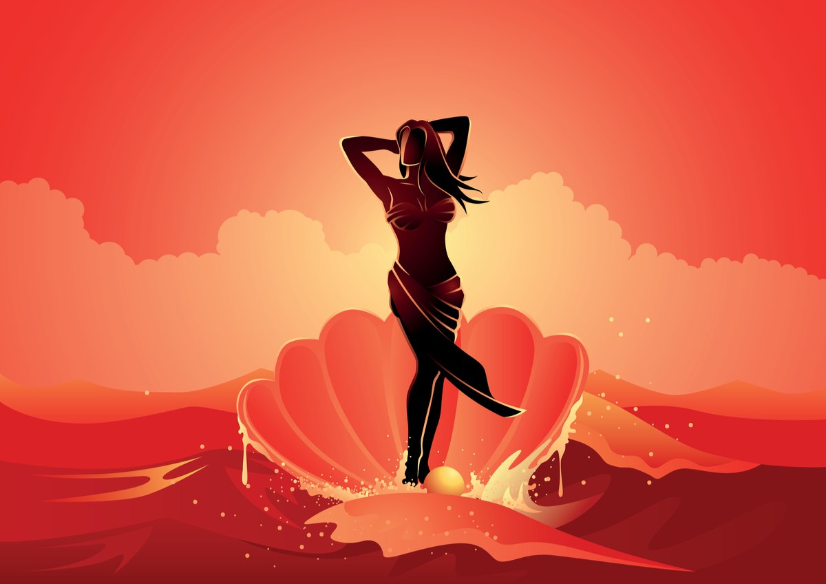 Aphrodite on a seashell in the ocean A cartoon image in orange tones of Aphrodite, the Greek goddess of fertility standing in a seashell in the middle of the ocean.