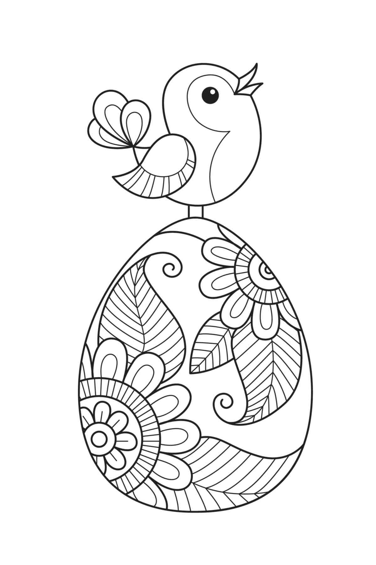 A rectangular Easter coloring pages with a baby bird sitting on top of a decorated Easter egg.