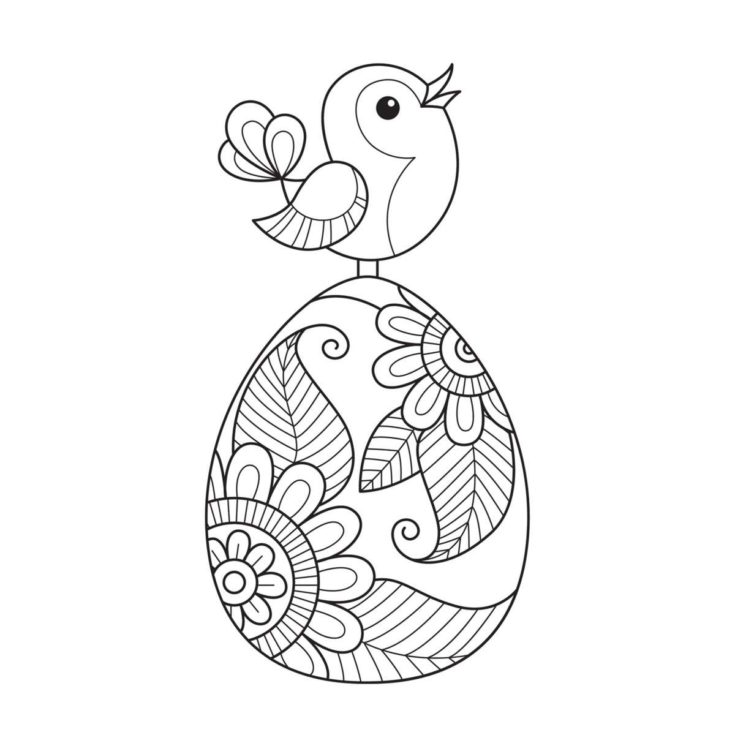 A square Easter coloring sheets with a baby bird sitting on top of a decorated Easter egg.