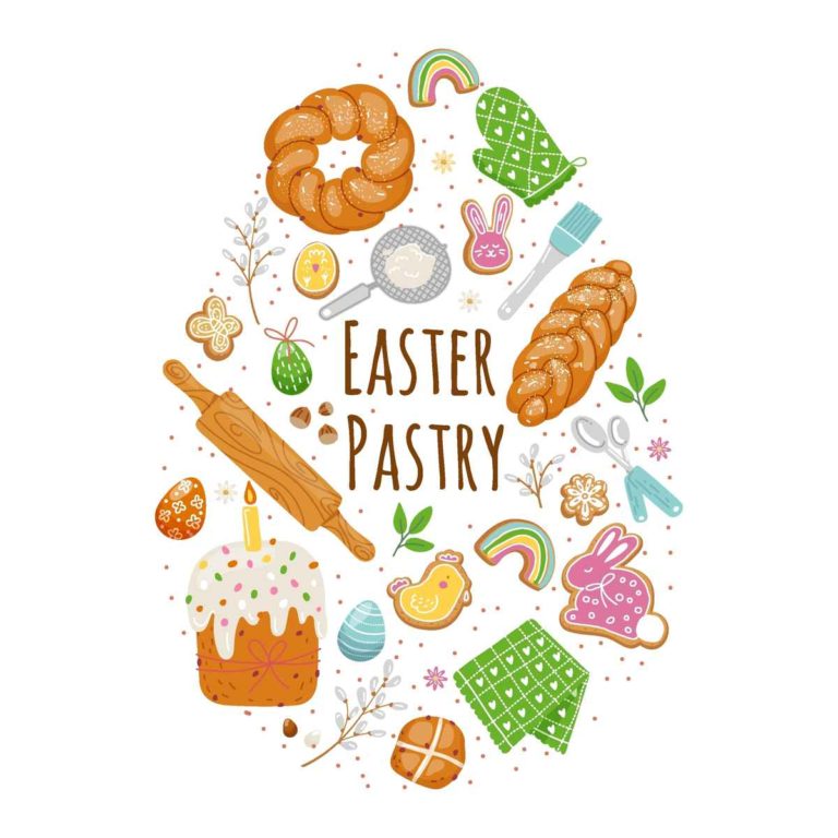 Text that reads "Easter Pastry" around various Easter breads, including kulich (Russian Easter bread), pane di pasqua (Italian Easter bread) and tsoureki (Greek Easter bread) and hot cross buns, along with other symbols of Easter.