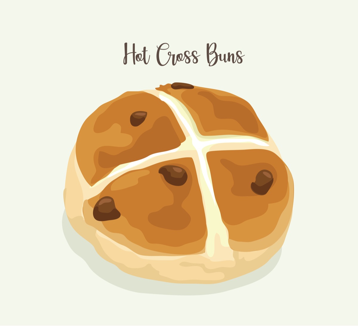 Hot cross buns graphic A cartoon image of a hot cross bun with raisins on a white backgound.