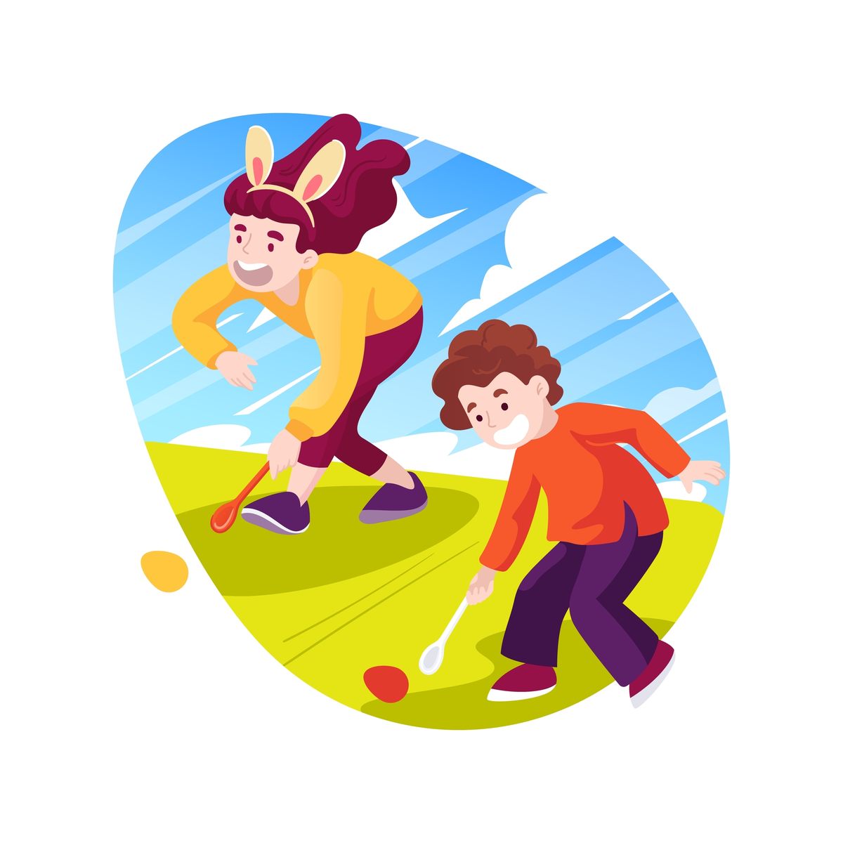Kids doing Easter egg roll A clipart image of two children participating in the Easter Egg Roll at the White House with the background behind them shaped like an Easter egg.