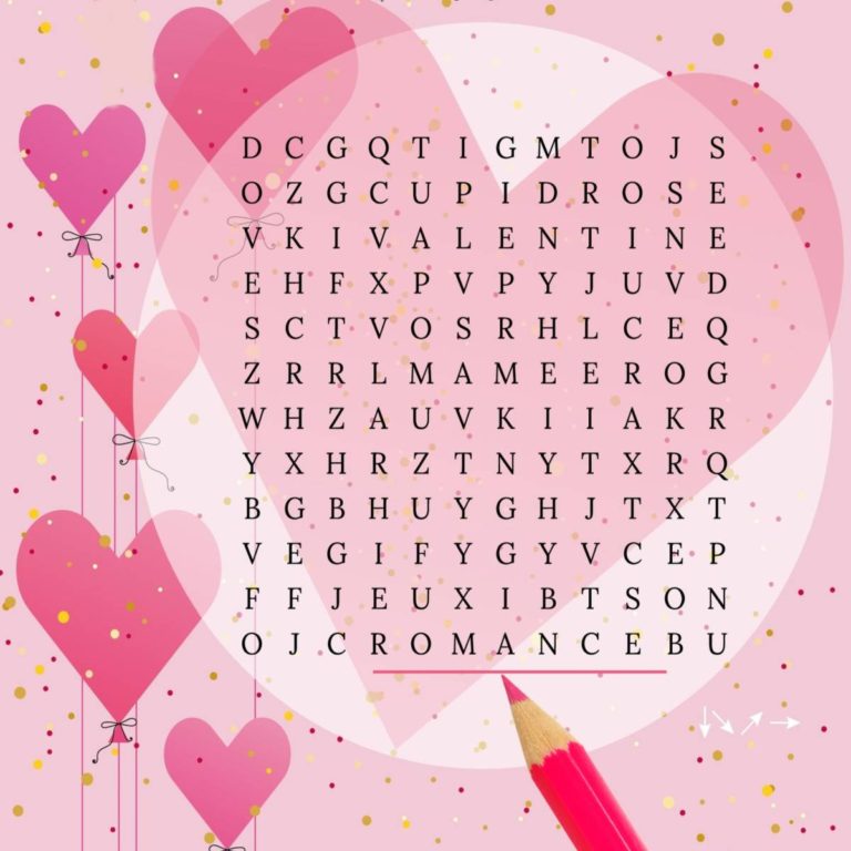 Hearts and pink pencil with a word search printable.