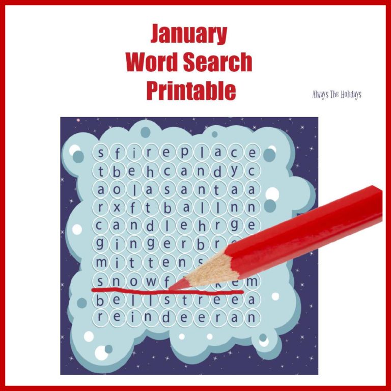 Seek and find puzzle with words January word search printable.