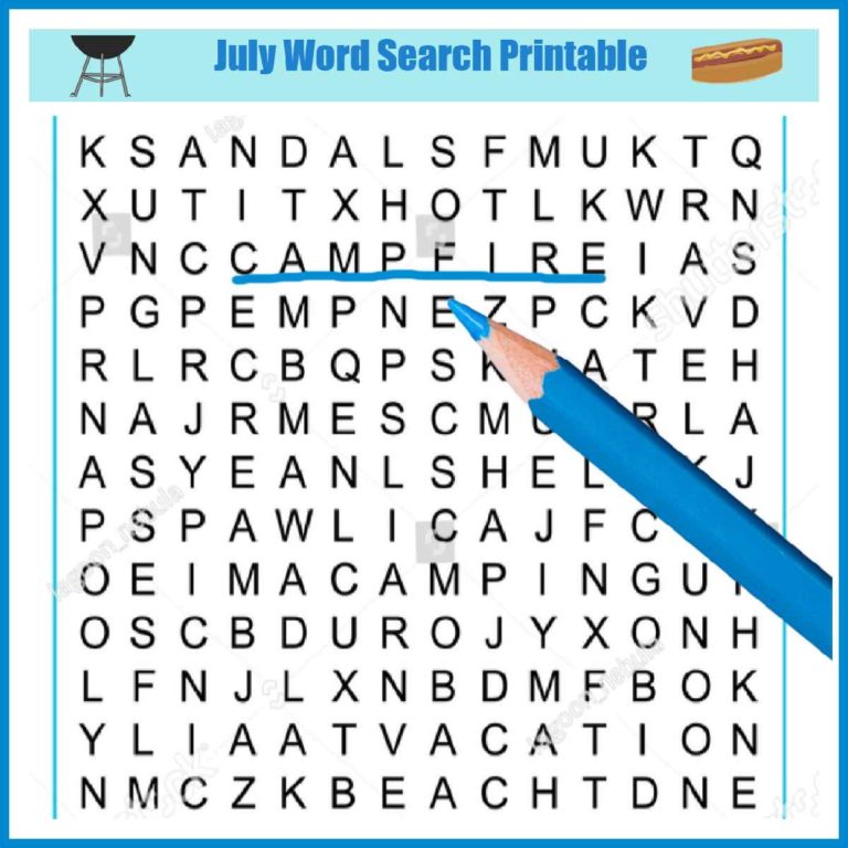 Blue pencil and puzzle with words July word search printable.