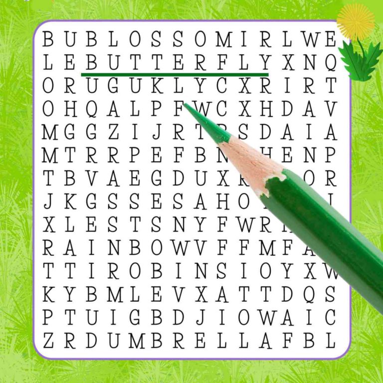 An April word search printable with a green pencil and word butterfly underlined.