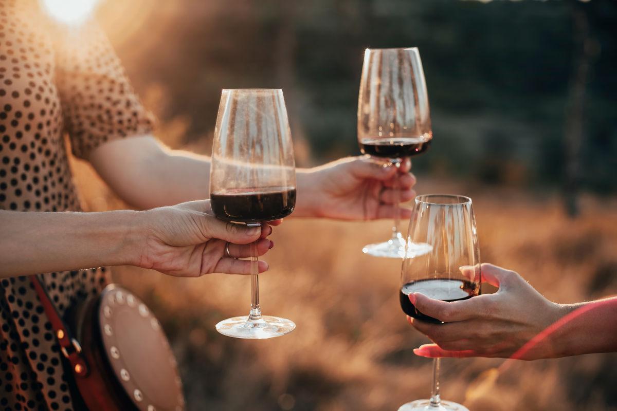 Red wine cheers in a field Three hands holding red wine glasses on a field during sunset, the wine in their glasses is the perfect temperature for serving red wine.