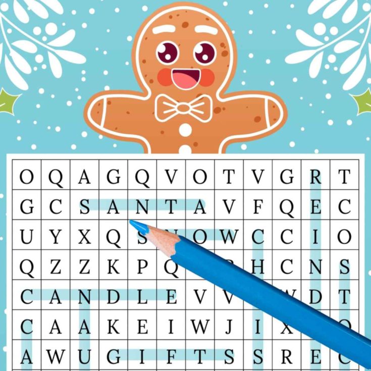 Word find puzzle with blue pencil and gingerbread man.